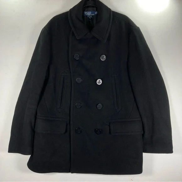 Polo by Ralph Lauren Classic Black Pea Coat Double Breasted XL - Picture 4 of 16